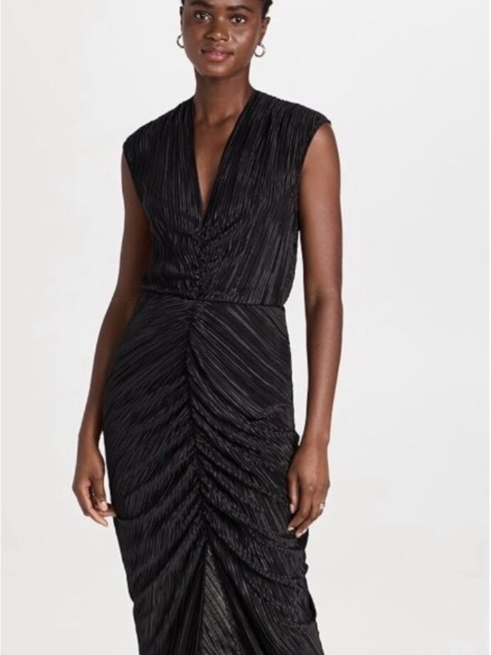 Good American Black Plisse V-Neck Maxi Dress
